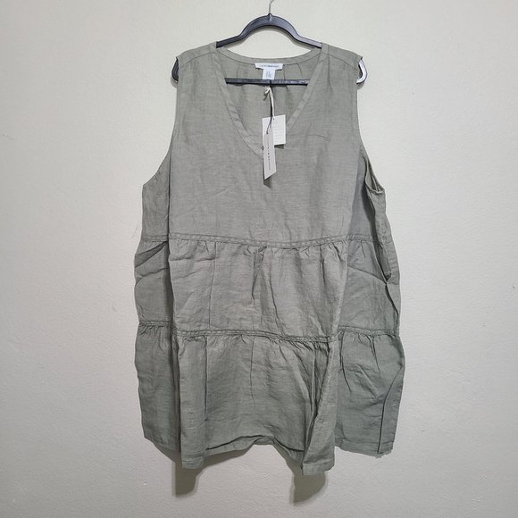 Lucky Brand 100% Linen V Neck Sleeveless Tiered Shift Dress Plus Size 2X Green